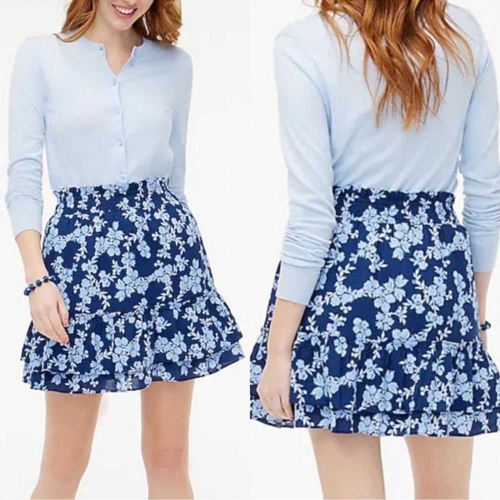 NEW J. Crew Floral Smocked Ruffle Mini Skirt Blue Floral Paisley Size XS Cotton